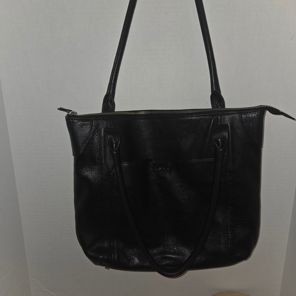 Lodis Siera  Black Pebbled Leather Tote Bag Shoulder Purse Zip Silver Hardware